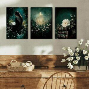 12x16" 3Pcs Dark Academia Canvas Wall Art Emerald Green Moody Victorian Woman Re